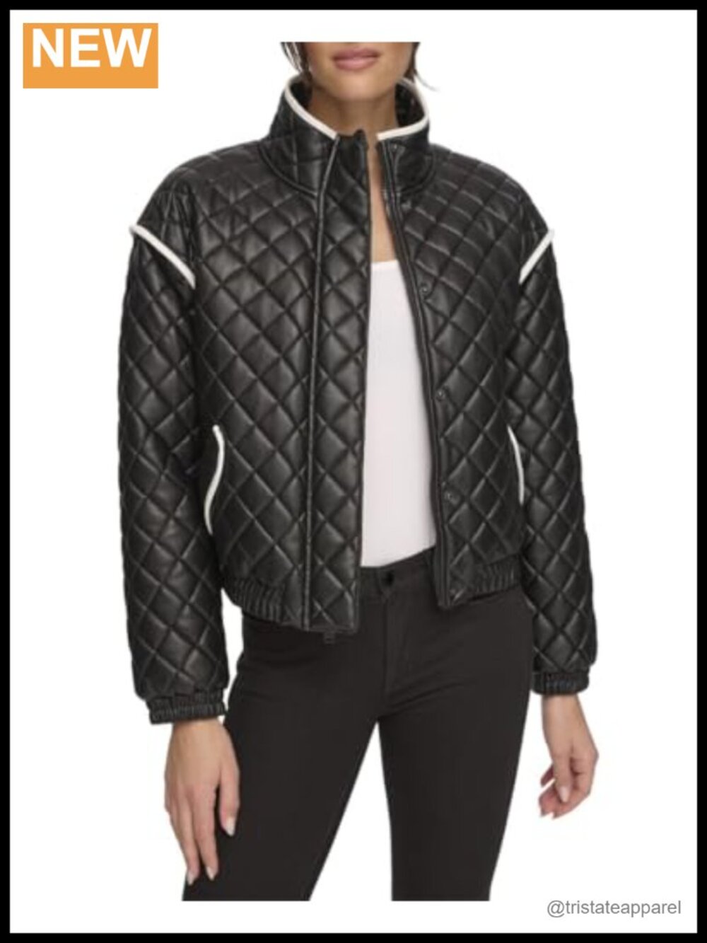 Women's Faux Leather Quilted Bomber Jacket Contrast Trim Zip